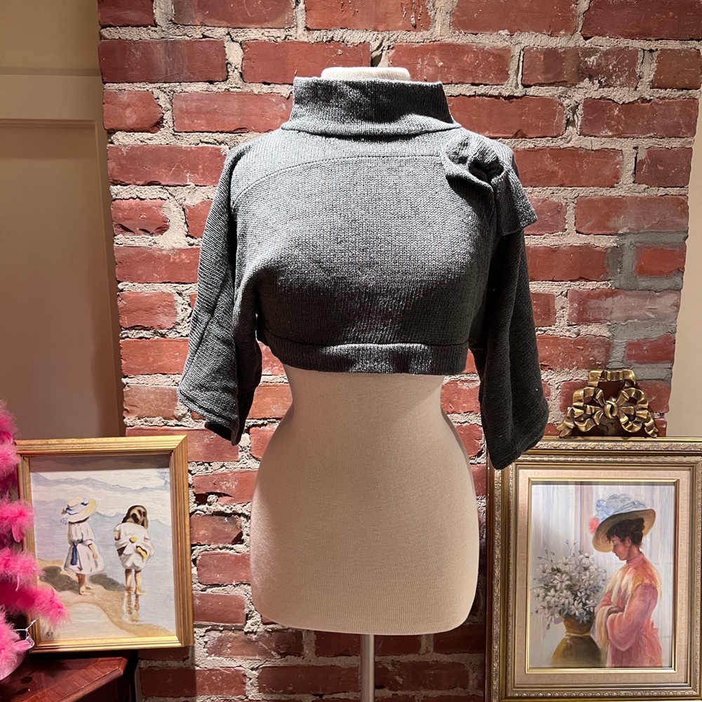 NWT Brunello Cucinelli Gray Turtleneck Cropped Sweater W/ Sequins and Bow